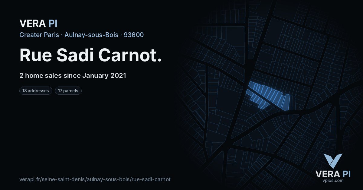 Rue Sadi Carnot, Aulnay-sous-Bois at night – every parcel coloured by the prices around it, the street's own parcels lit