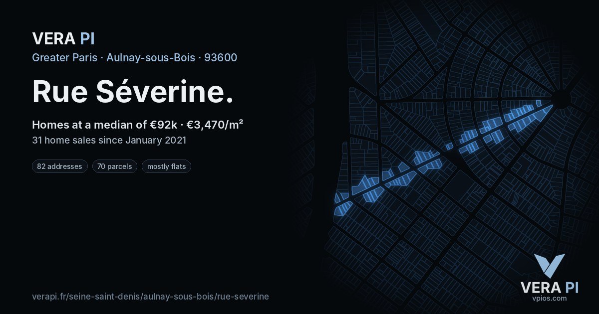 Rue Séverine, Aulnay-sous-Bois at night – every parcel coloured by the prices around it, the street's own parcels lit