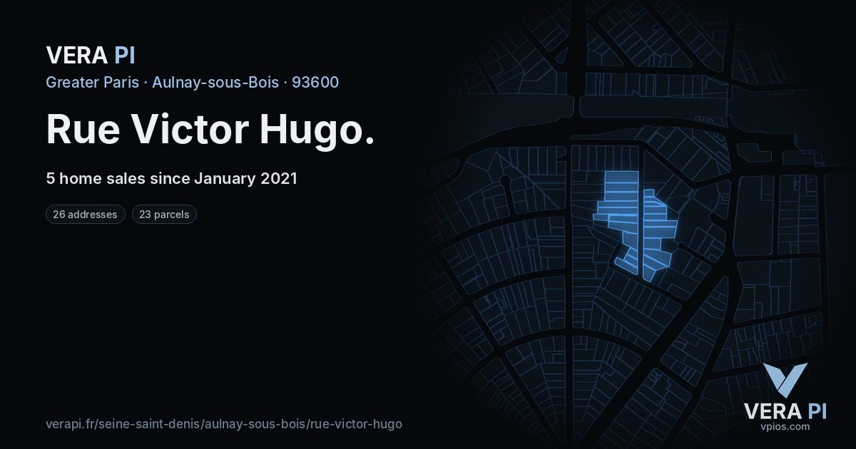 Rue Victor Hugo, Aulnay-sous-Bois at night – every parcel coloured by the prices around it, the street's own parcels lit