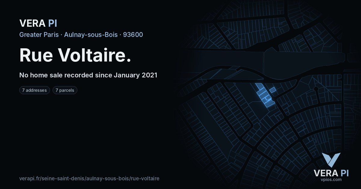 Rue Voltaire, Aulnay-sous-Bois at night – every parcel coloured by the prices around it, the street's own parcels lit