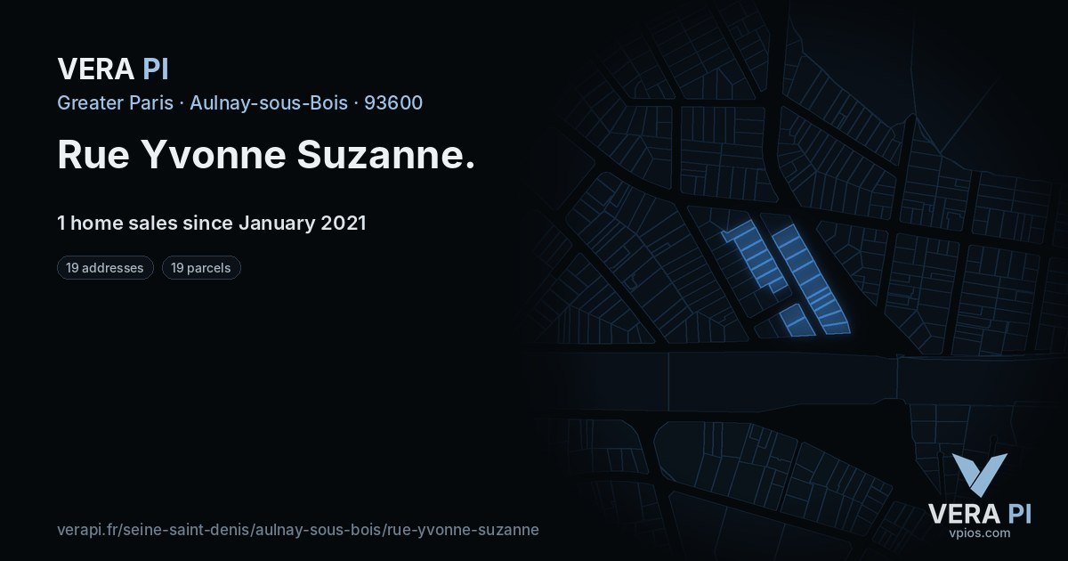 Rue Yvonne Suzanne, Aulnay-sous-Bois at night – every parcel coloured by the prices around it, the street's own parcels lit