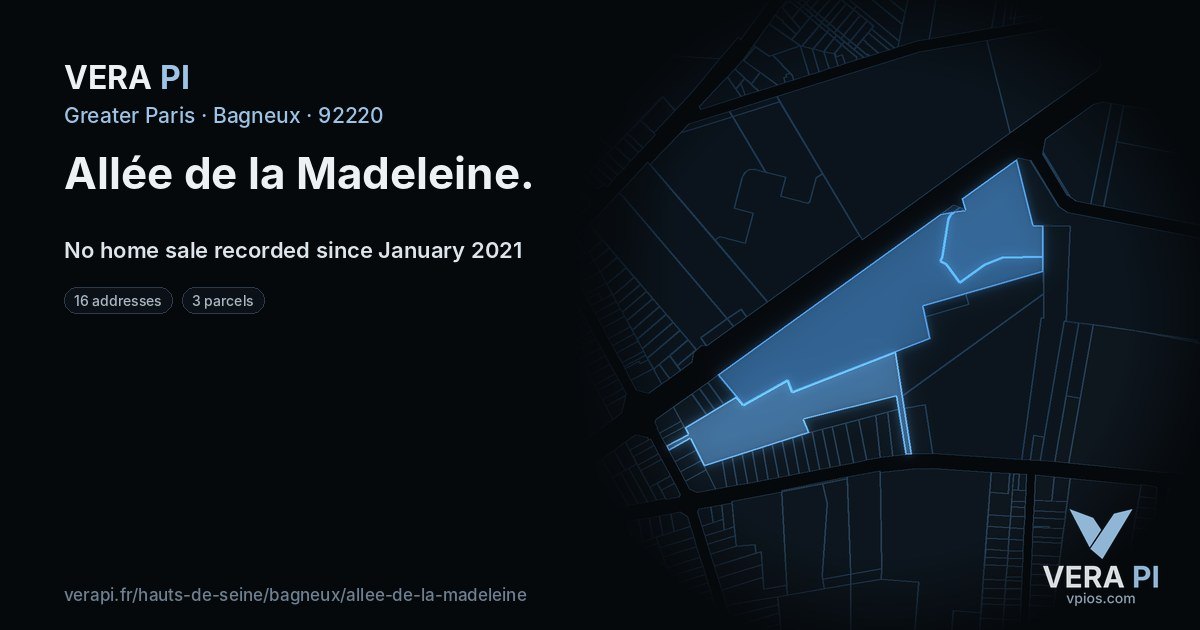 Allée de la Madeleine, Bagneux at night – every parcel coloured by the prices around it, the street's own parcels lit