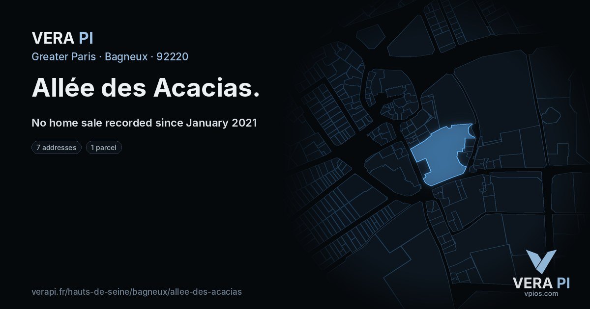 Allée des Acacias, Bagneux at night – every parcel coloured by the prices around it, the street's own parcels lit