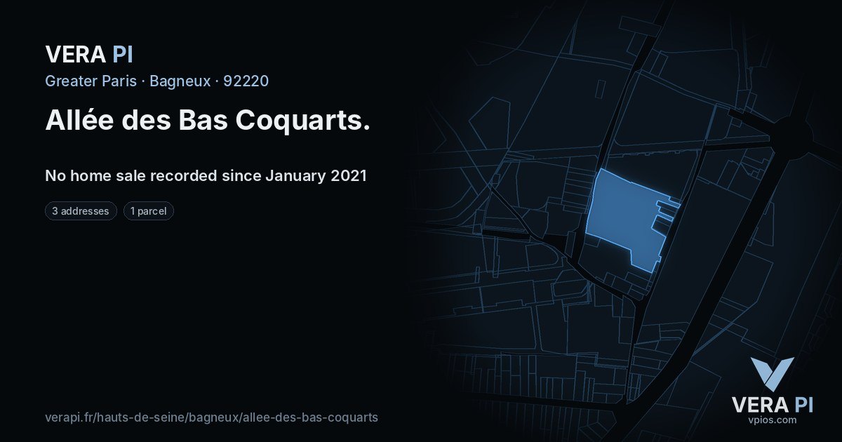 Allée des Bas Coquarts, Bagneux at night – every parcel coloured by the prices around it, the street's own parcels lit