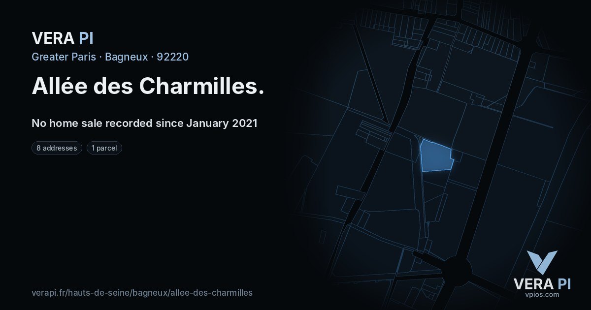 Allée des Charmilles, Bagneux at night – every parcel coloured by the prices around it, the street's own parcels lit