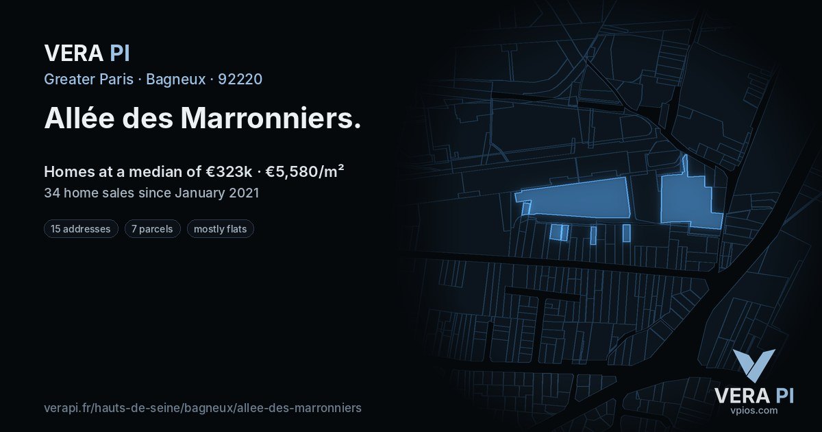 Allée des Marronniers, Bagneux at night – every parcel coloured by the prices around it, the street's own parcels lit