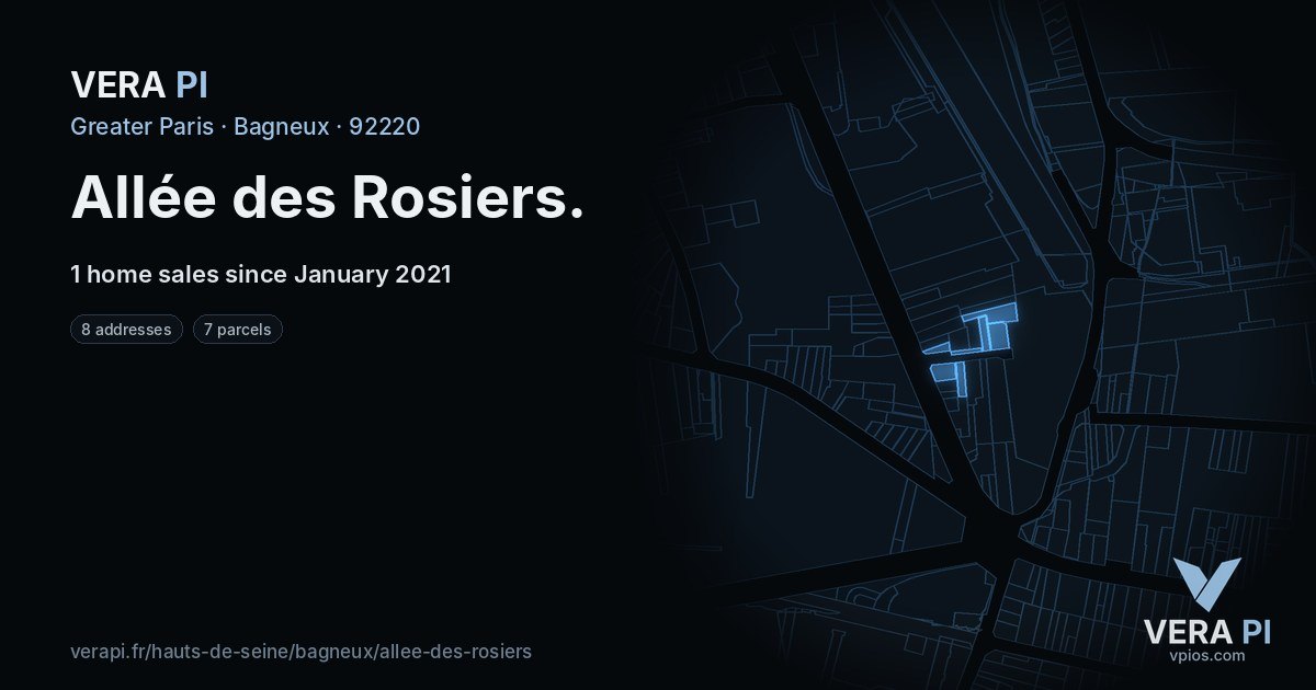 Allée des Rosiers, Bagneux at night – every parcel coloured by the prices around it, the street's own parcels lit