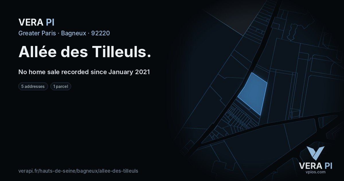 Allée des Tilleuls, Bagneux at night – every parcel coloured by the prices around it, the street's own parcels lit