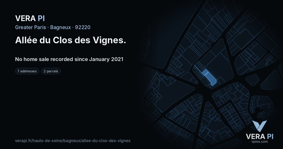 Allée du Clos des Vignes, Bagneux at night – every parcel coloured by the prices around it, the street's own parcels lit