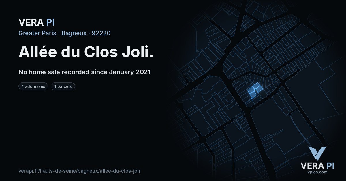 Allée du Clos Joli, Bagneux at night – every parcel coloured by the prices around it, the street's own parcels lit