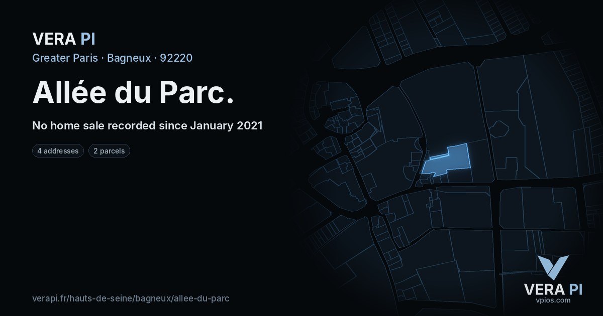 Allée du Parc, Bagneux at night – every parcel coloured by the prices around it, the street's own parcels lit