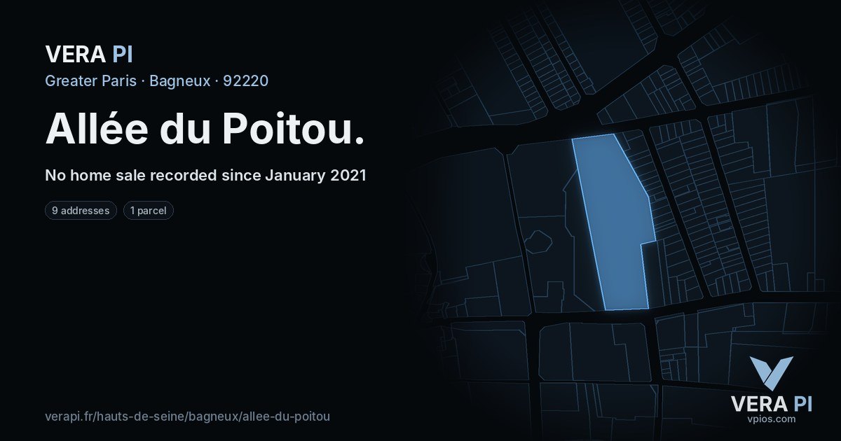 Allée du Poitou, Bagneux at night – every parcel coloured by the prices around it, the street's own parcels lit