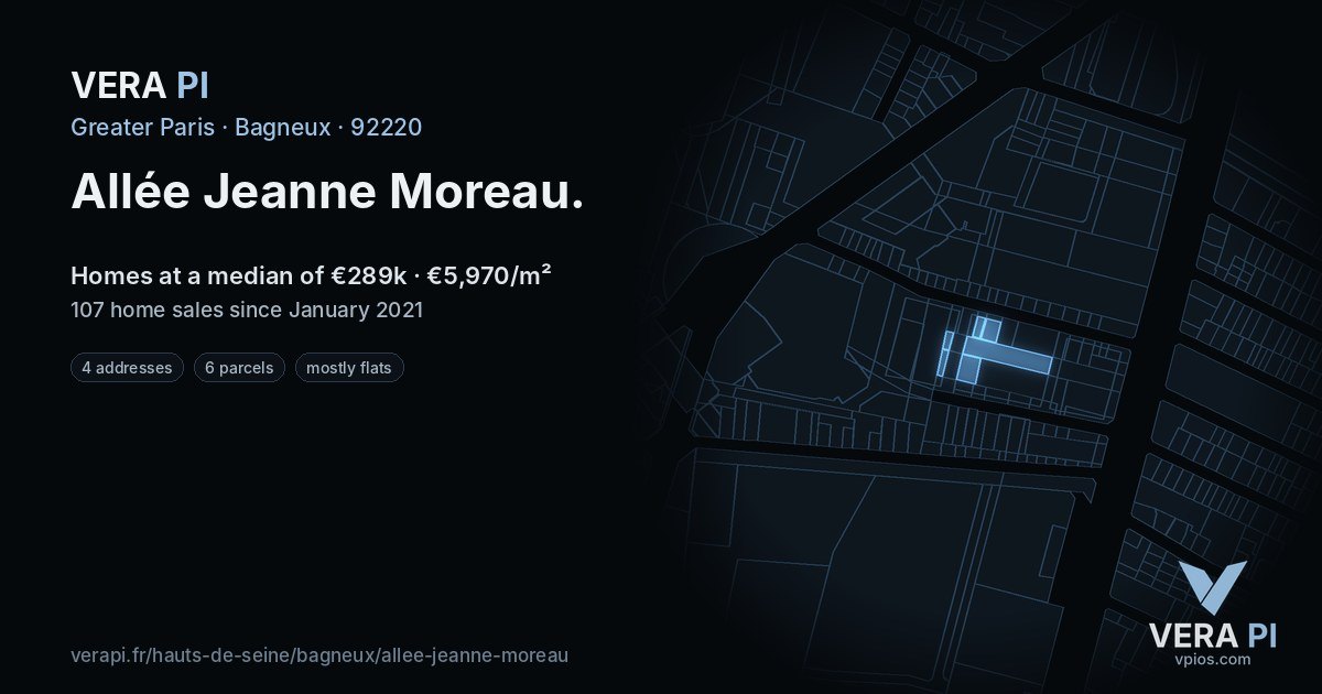 Allée Jeanne Moreau, Bagneux at night – every parcel coloured by the prices around it, the street's own parcels lit