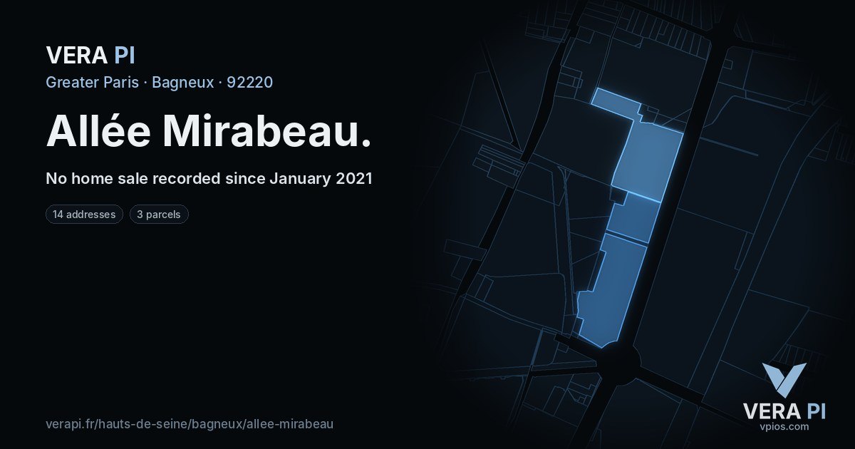 Allée Mirabeau, Bagneux at night – every parcel coloured by the prices around it, the street's own parcels lit