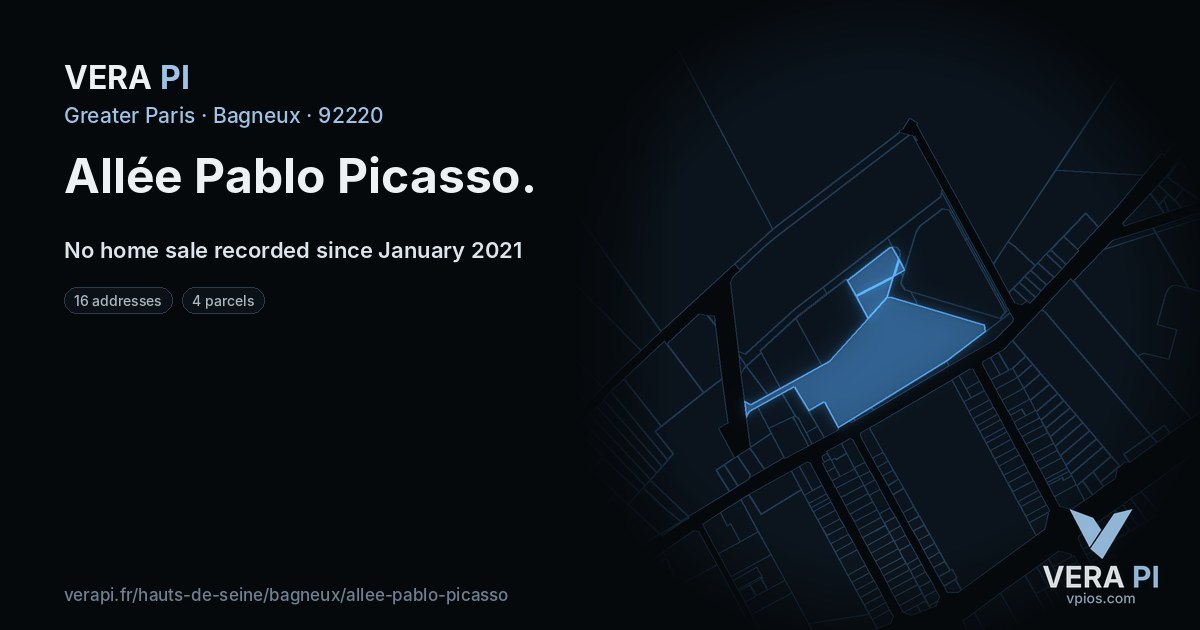 Allée Pablo Picasso, Bagneux at night – every parcel coloured by the prices around it, the street's own parcels lit