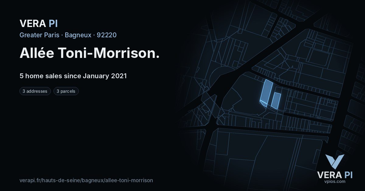Allée Toni-Morrison, Bagneux at night – every parcel coloured by the prices around it, the street's own parcels lit