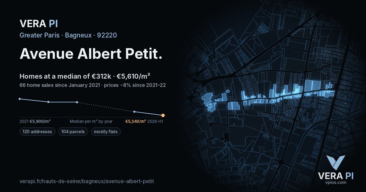 Avenue Albert Petit, Bagneux at night – every parcel coloured by the prices around it, the street's own parcels lit