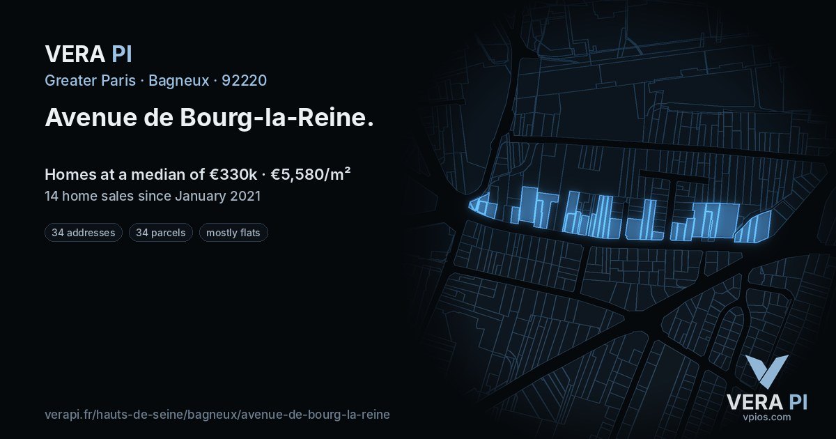 Avenue de Bourg-la-Reine, Bagneux at night – every parcel coloured by the prices around it, the street's own parcels lit