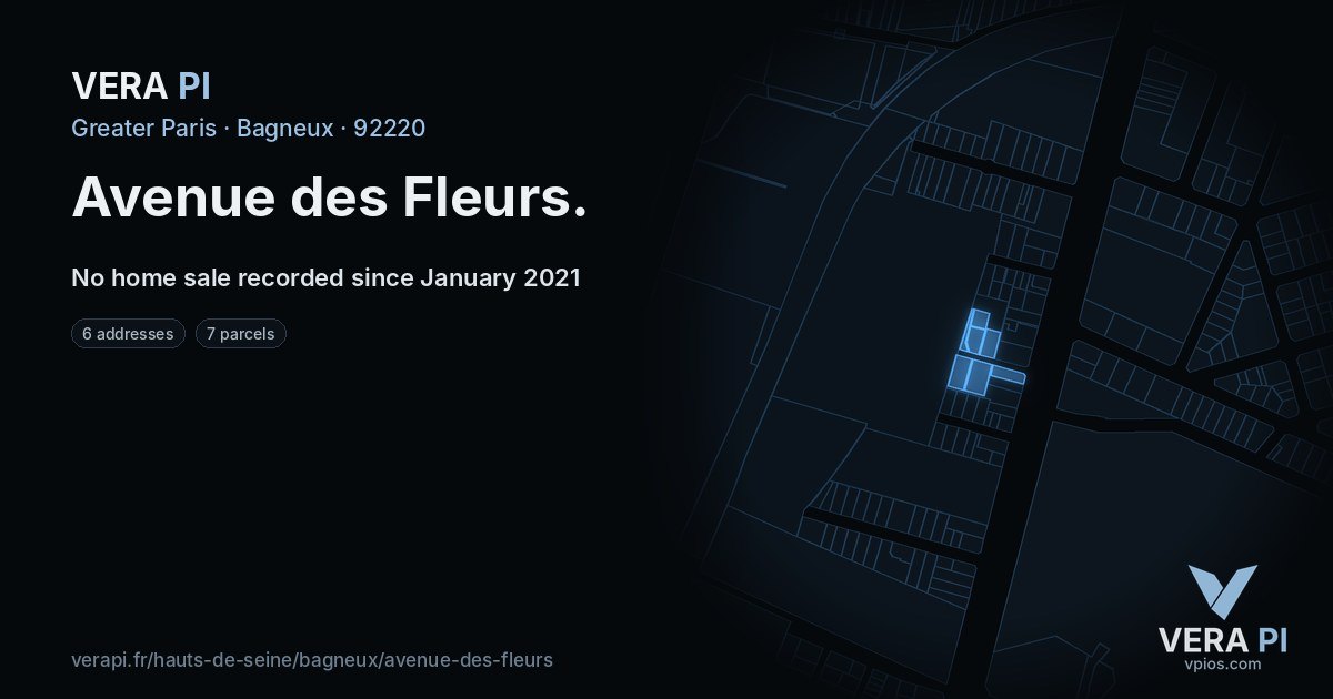 Avenue des Fleurs, Bagneux at night – every parcel coloured by the prices around it, the street's own parcels lit
