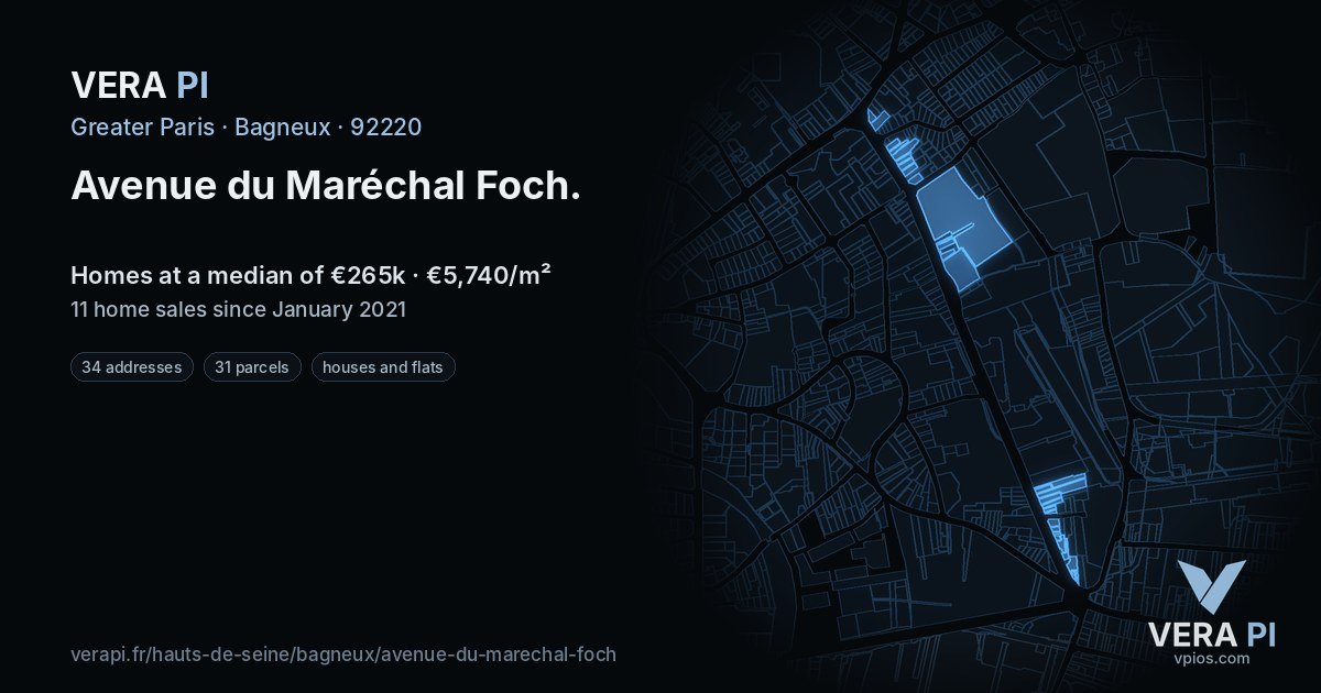 Avenue du Maréchal Foch, Bagneux at night – every parcel coloured by the prices around it, the street's own parcels lit