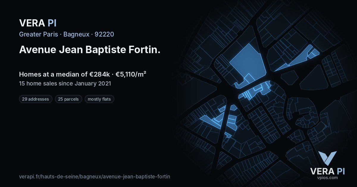 Avenue Jean Baptiste Fortin, Bagneux at night – every parcel coloured by the prices around it, the street's own parcels lit