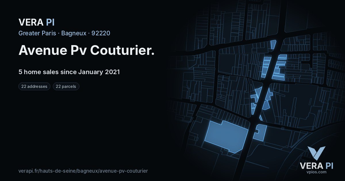 Avenue Pv Couturier, Bagneux at night – every parcel coloured by the prices around it, the street's own parcels lit