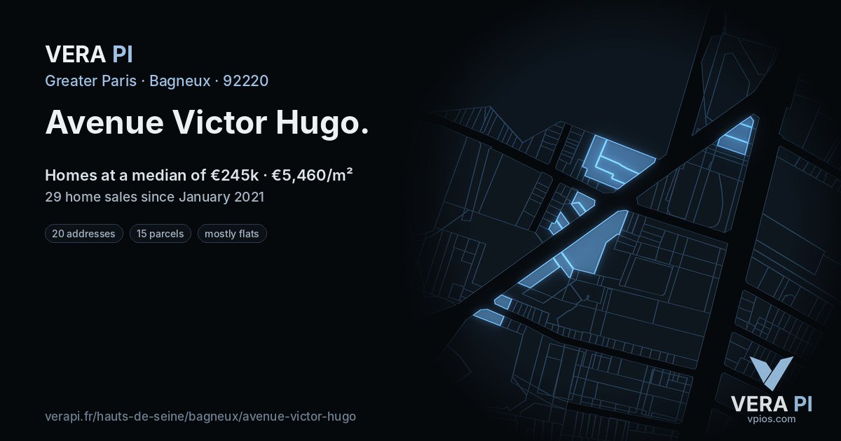 Avenue Victor Hugo, Bagneux at night – every parcel coloured by the prices around it, the street's own parcels lit