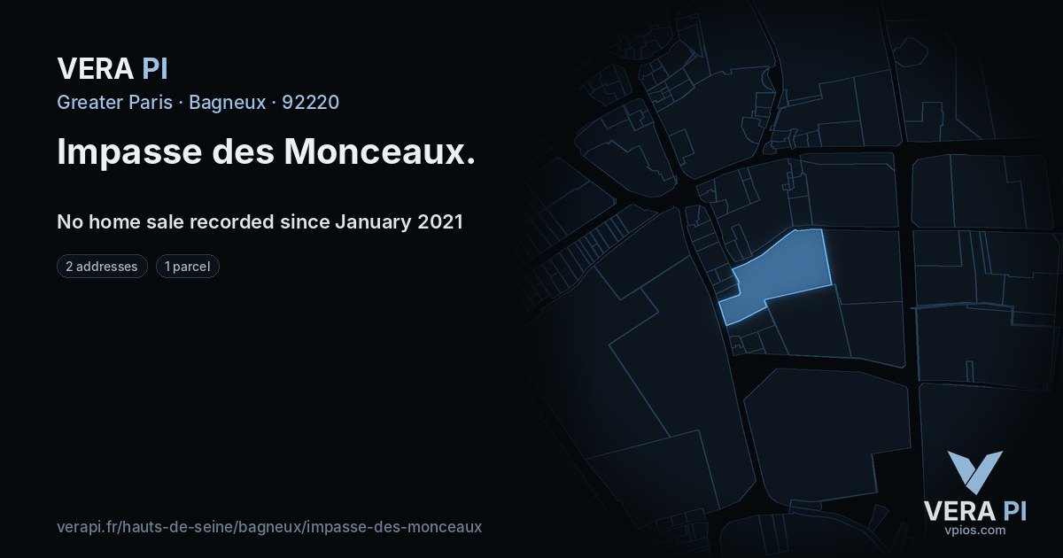 Impasse des Monceaux, Bagneux at night – every parcel coloured by the prices around it, the street's own parcels lit