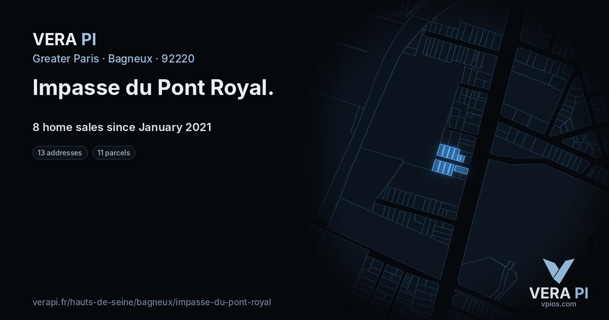 Impasse du Pont Royal, Bagneux at night – every parcel coloured by the prices around it, the street's own parcels lit