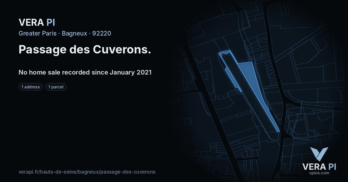 Passage des Cuverons, Bagneux at night – every parcel coloured by the prices around it, the street's own parcels lit