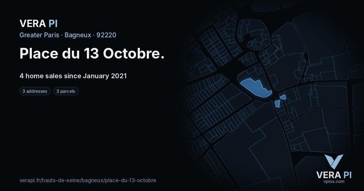 Place du 13 Octobre, Bagneux at night – every parcel coloured by the prices around it, the street's own parcels lit