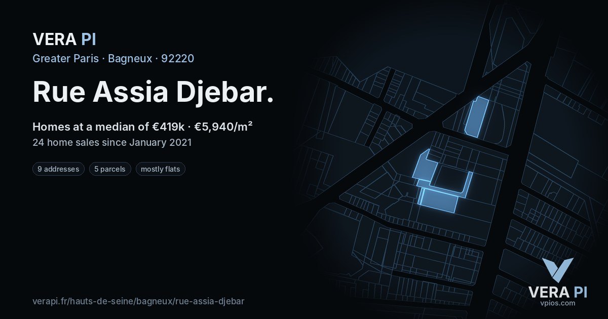 Rue Assia Djebar, Bagneux at night – every parcel coloured by the prices around it, the street's own parcels lit