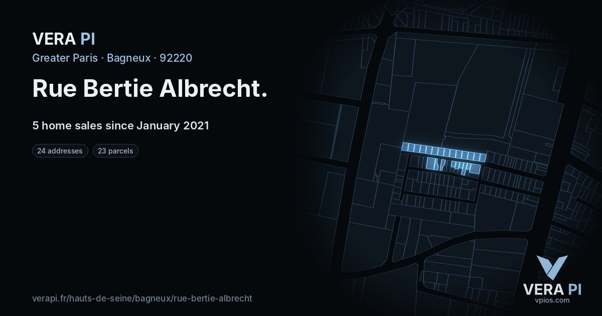 Rue Bertie Albrecht, Bagneux at night – every parcel coloured by the prices around it, the street's own parcels lit