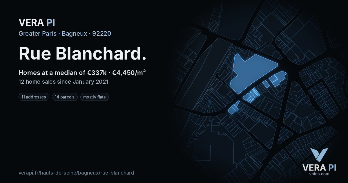 Rue Blanchard, Bagneux at night – every parcel coloured by the prices around it, the street's own parcels lit
