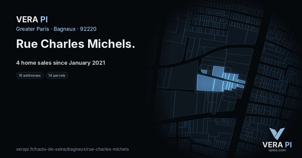 Rue Charles Michels, Bagneux at night – every parcel coloured by the prices around it, the street's own parcels lit