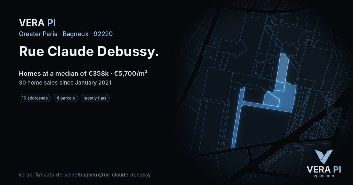 Rue Claude Debussy, Bagneux at night – every parcel coloured by the prices around it, the street's own parcels lit
