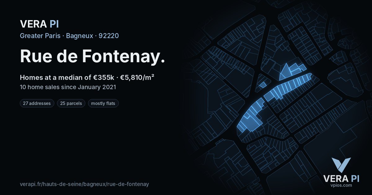 Rue de Fontenay, Bagneux at night – every parcel coloured by the prices around it, the street's own parcels lit