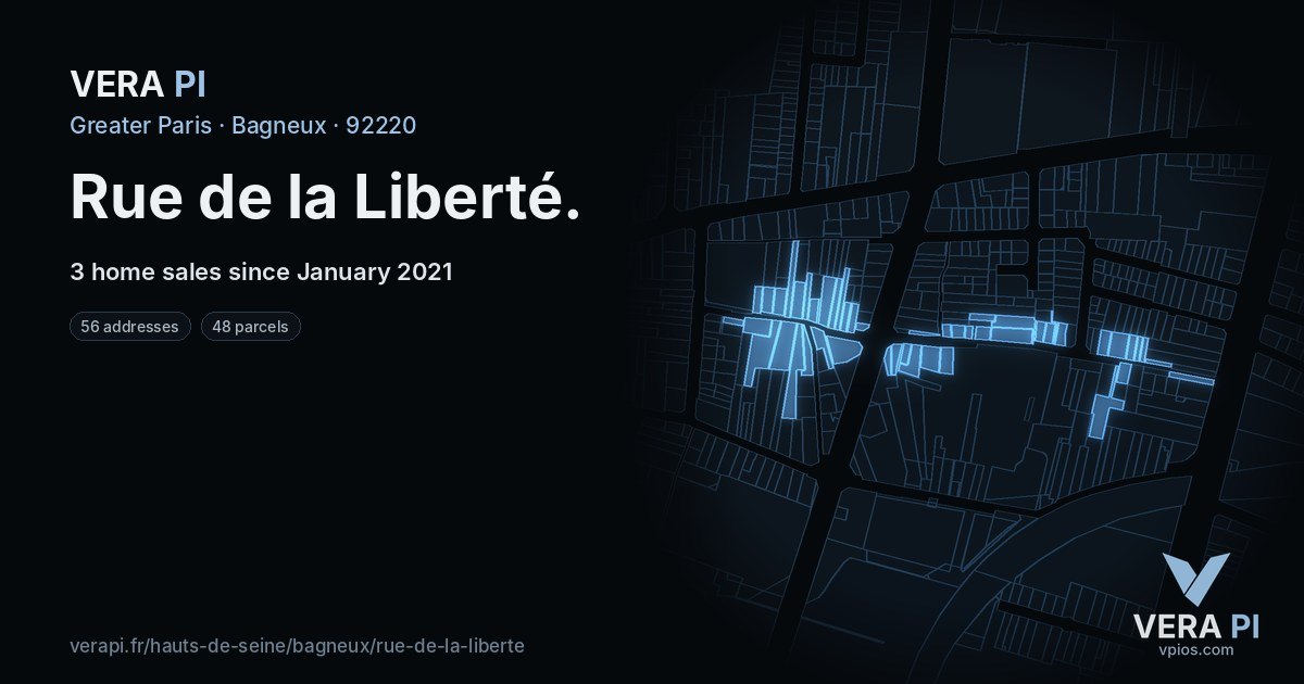 Rue de la Liberté, Bagneux at night – every parcel coloured by the prices around it, the street's own parcels lit