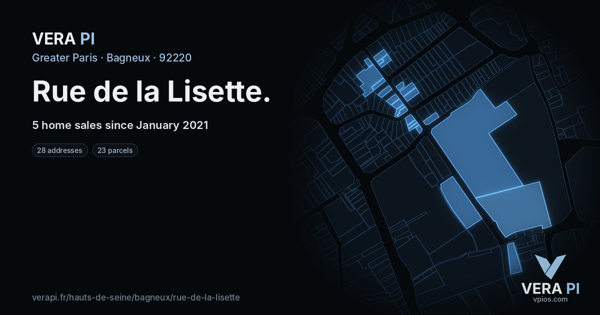 Rue de la Lisette, Bagneux at night – every parcel coloured by the prices around it, the street's own parcels lit
