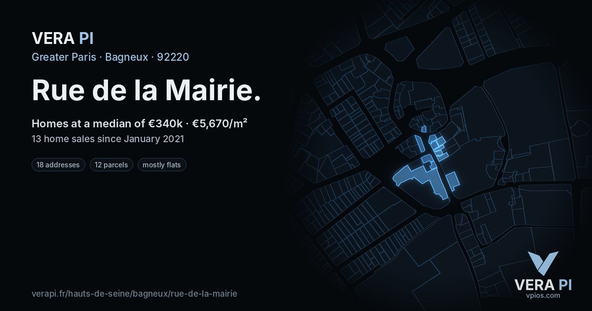 Rue de la Mairie, Bagneux at night – every parcel coloured by the prices around it, the street's own parcels lit