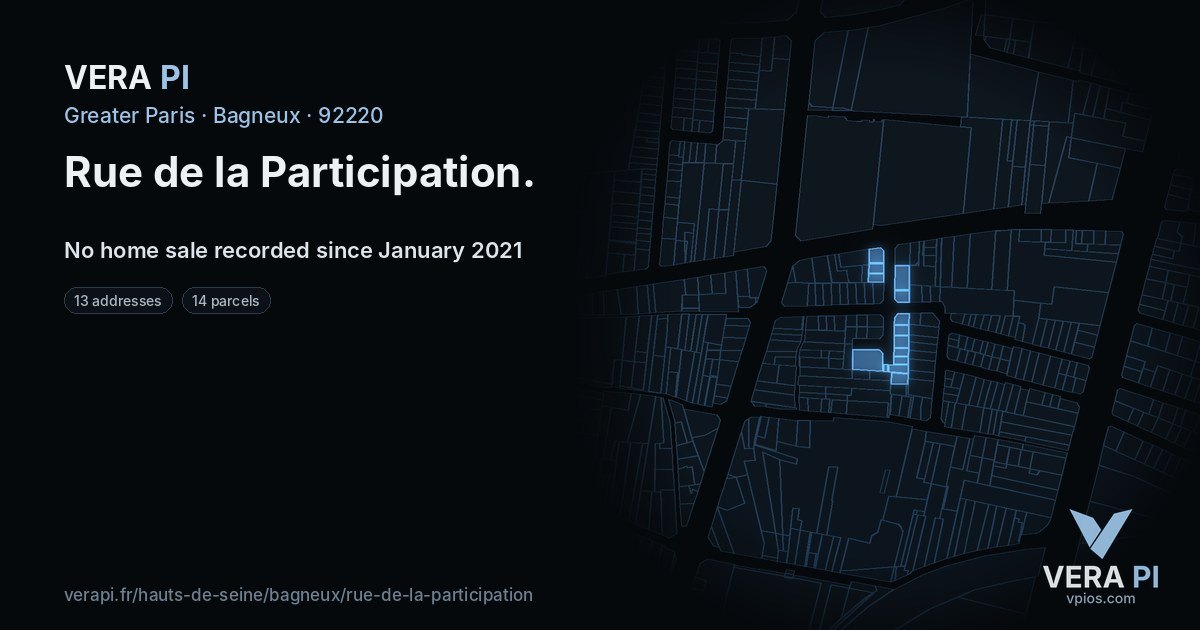 Rue de la Participation, Bagneux at night – every parcel coloured by the prices around it, the street's own parcels lit