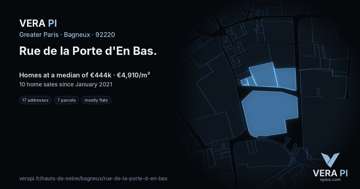 Rue de la Porte d'En Bas, Bagneux at night – every parcel coloured by the prices around it, the street's own parcels lit