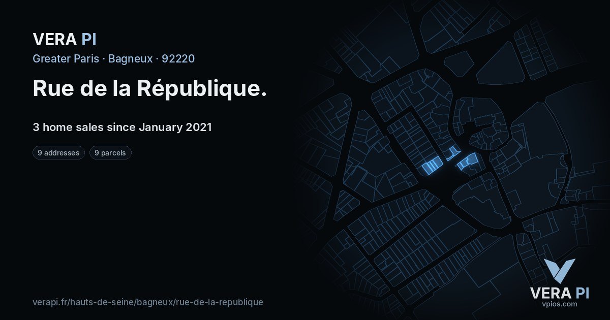 Rue de la République, Bagneux at night – every parcel coloured by the prices around it, the street's own parcels lit