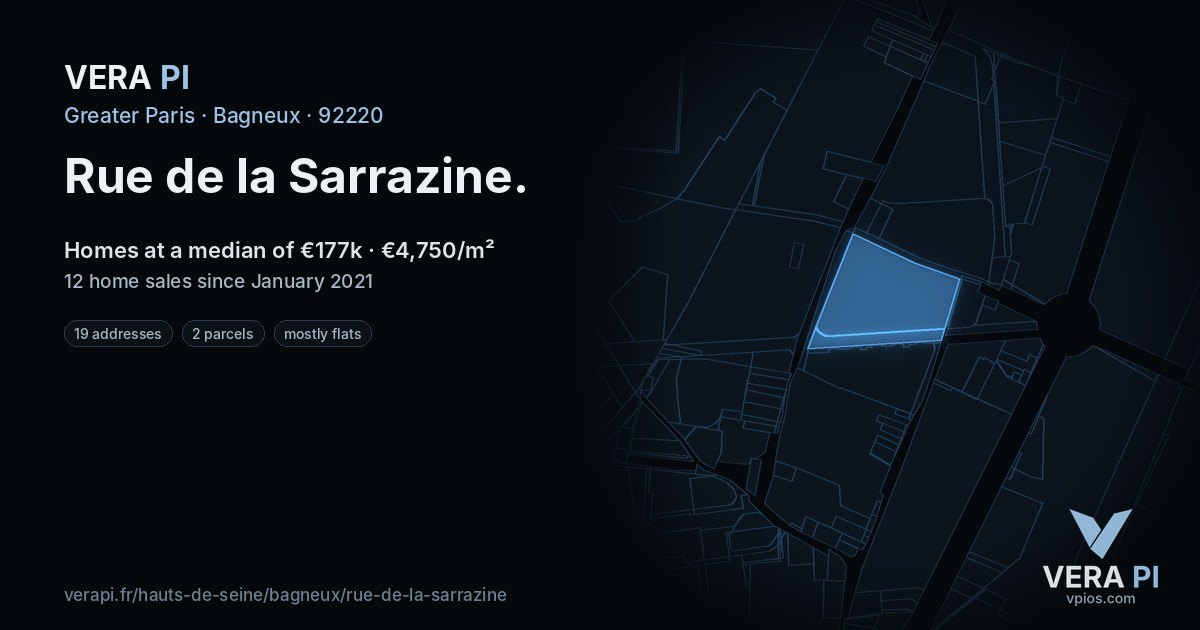 Rue de la Sarrazine, Bagneux at night – every parcel coloured by the prices around it, the street's own parcels lit