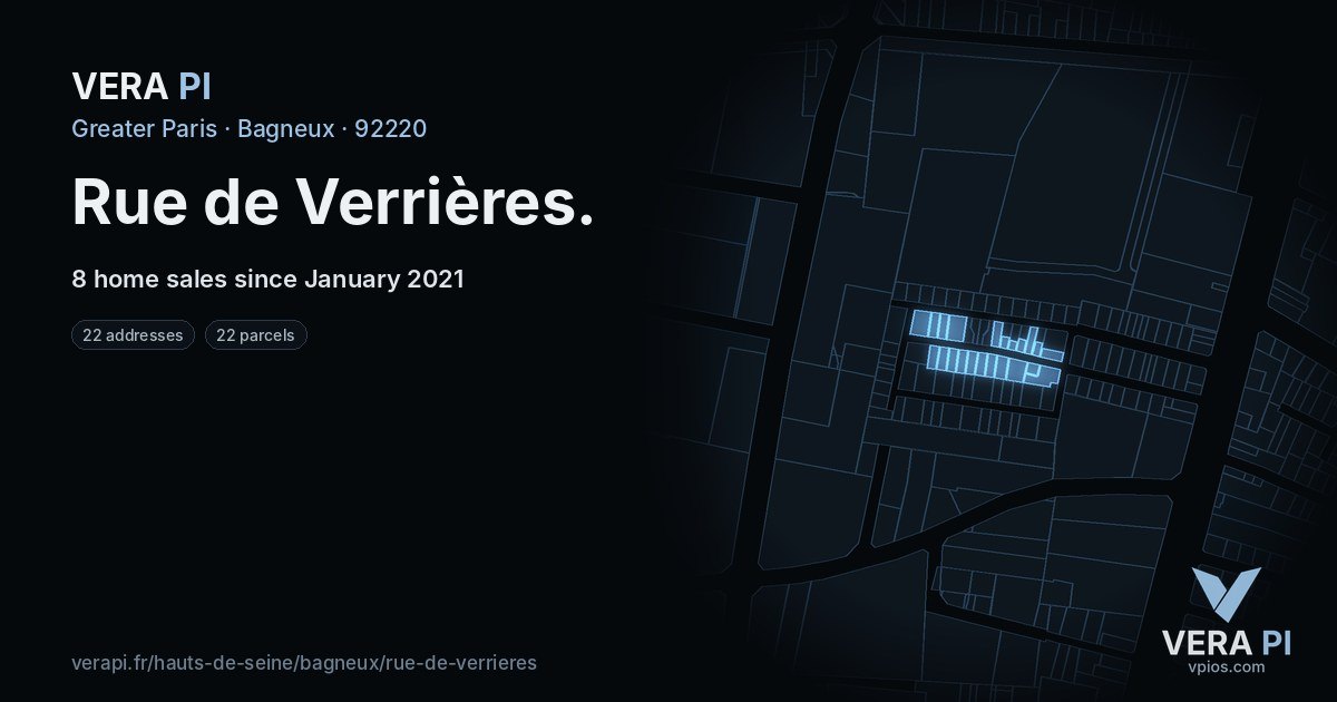 Rue de Verrières, Bagneux at night – every parcel coloured by the prices around it, the street's own parcels lit