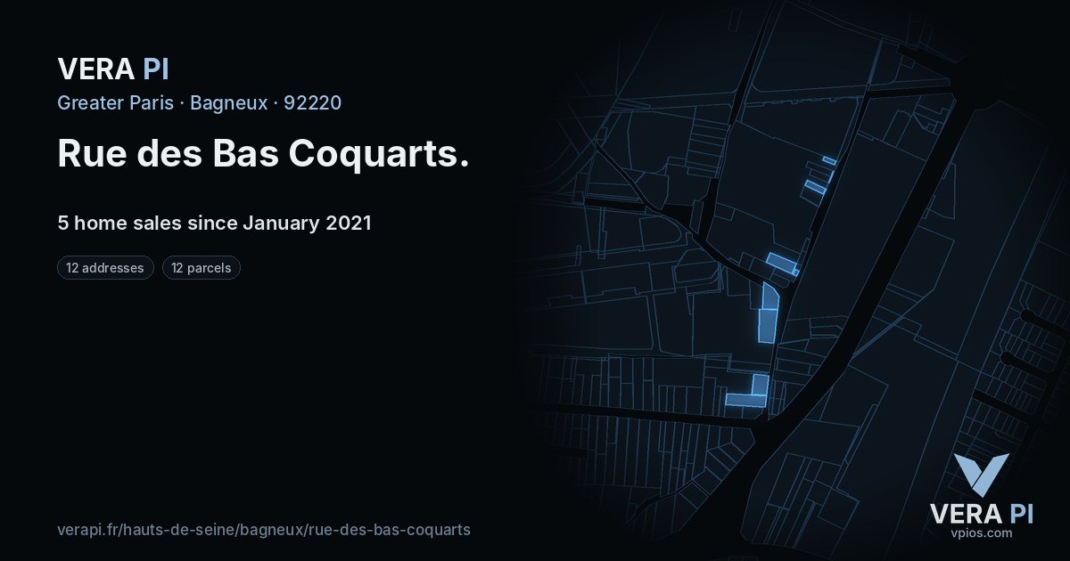 Rue des Bas Coquarts, Bagneux at night – every parcel coloured by the prices around it, the street's own parcels lit