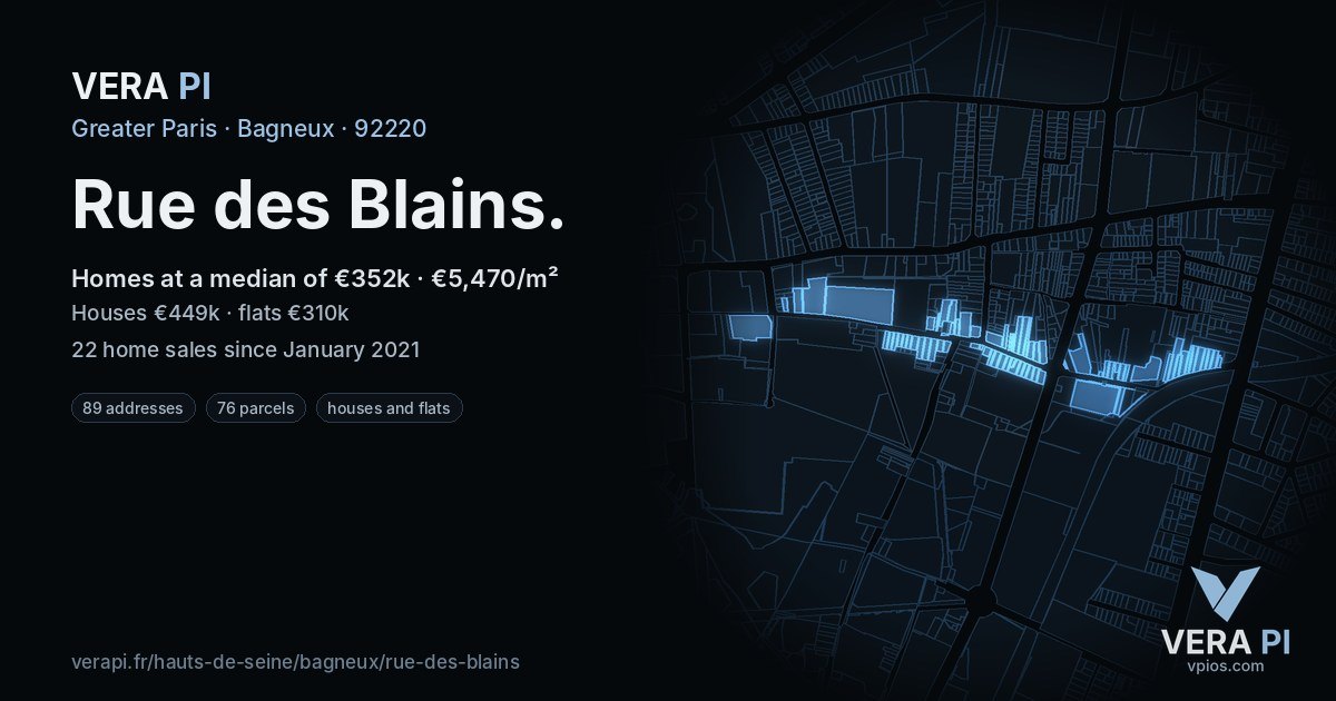 Rue des Blains, Bagneux at night – every parcel coloured by the prices around it, the street's own parcels lit