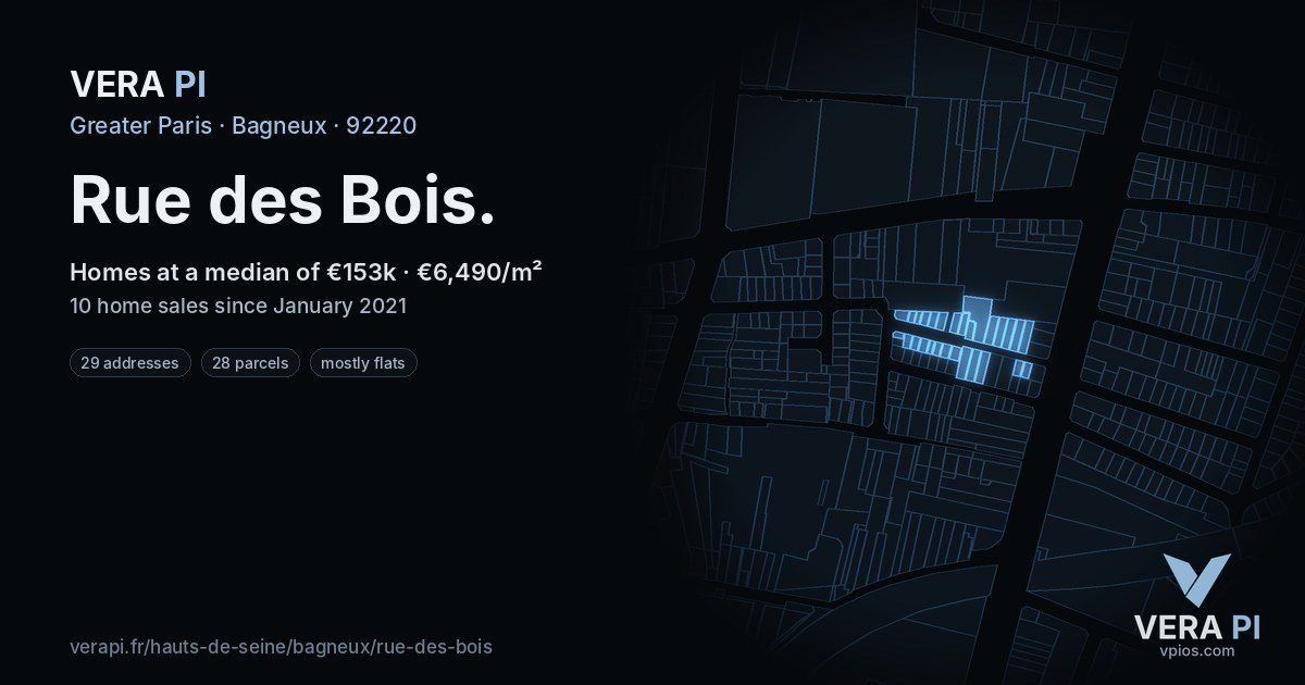 Rue des Bois, Bagneux at night – every parcel coloured by the prices around it, the street's own parcels lit