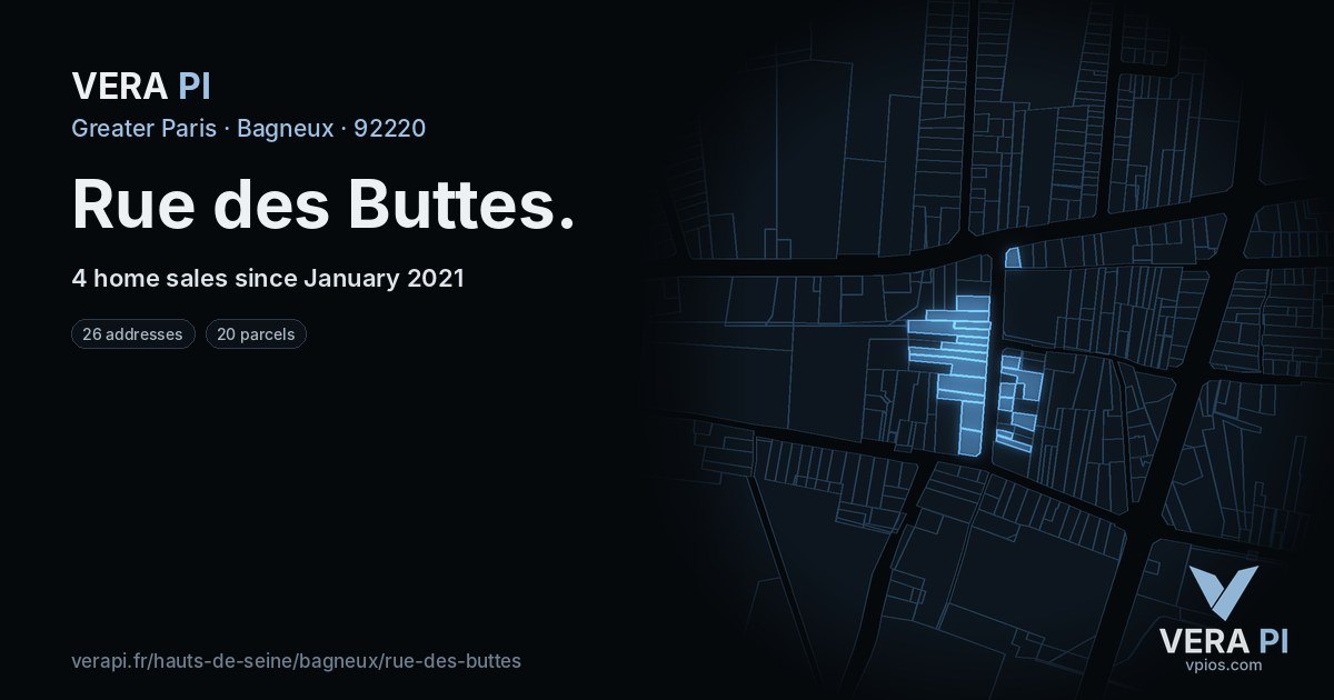 Rue des Buttes, Bagneux at night – every parcel coloured by the prices around it, the street's own parcels lit