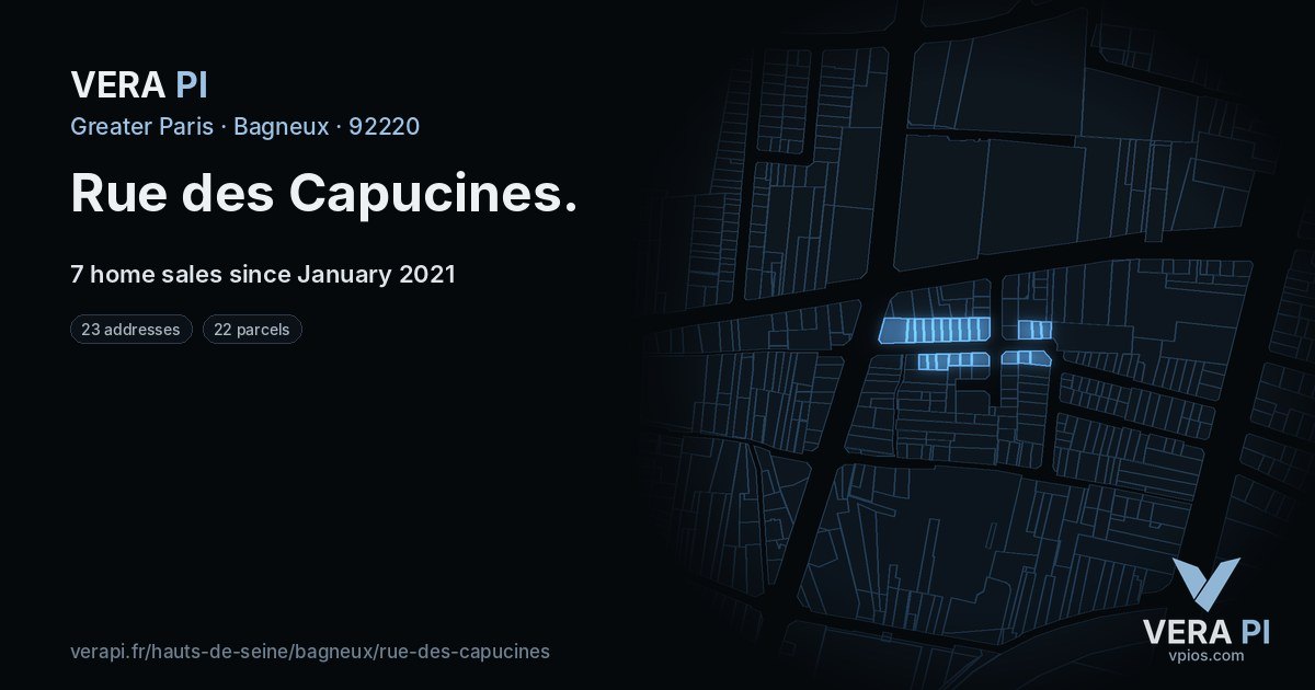 Rue des Capucines, Bagneux at night – every parcel coloured by the prices around it, the street's own parcels lit